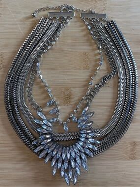 Chunky Silver Crystal Marquise Bib Statement Necklace Multi Chain